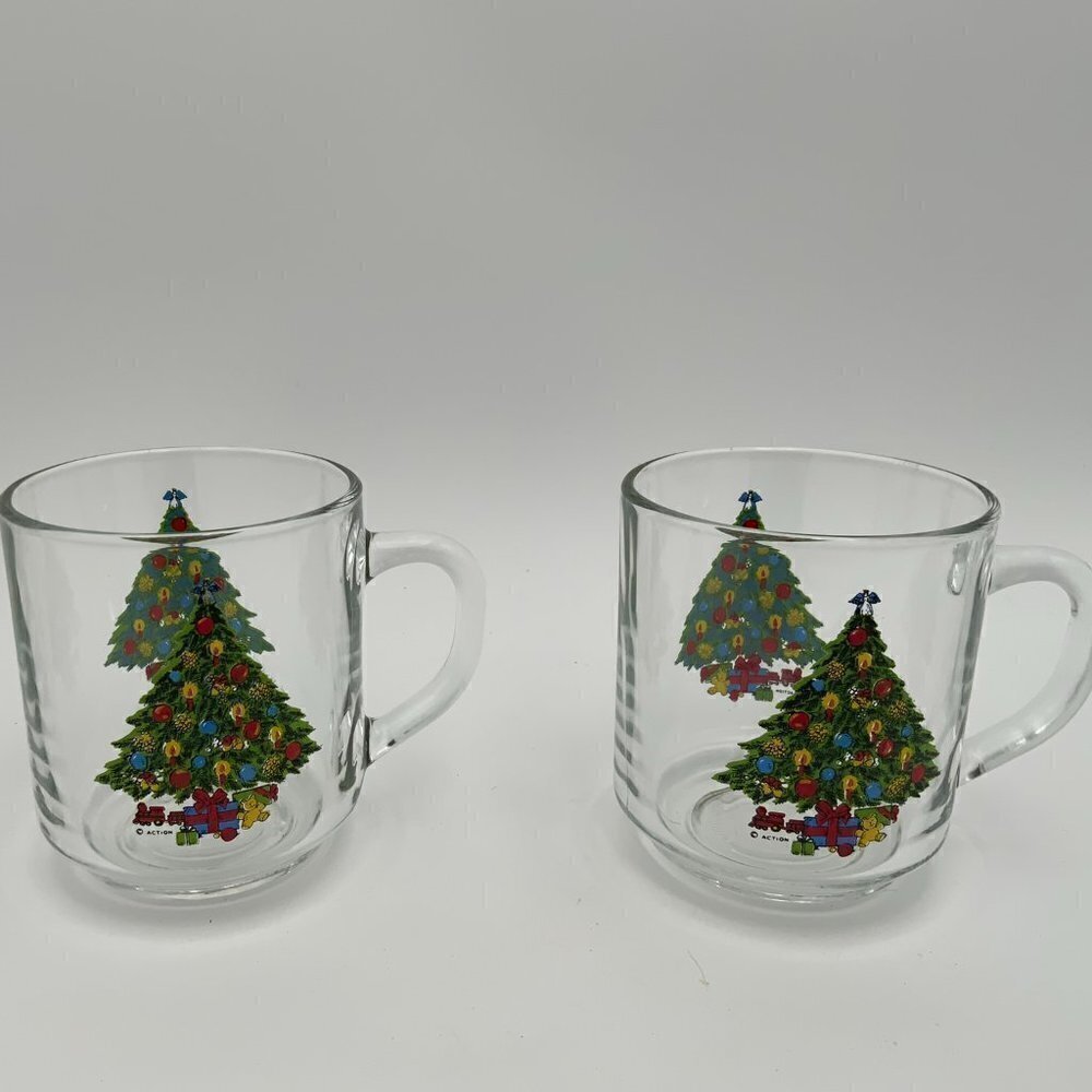 LUMINARC CHRISTMAS TREE MUGS Clear Glass Holiday Mugs France VINTAGE